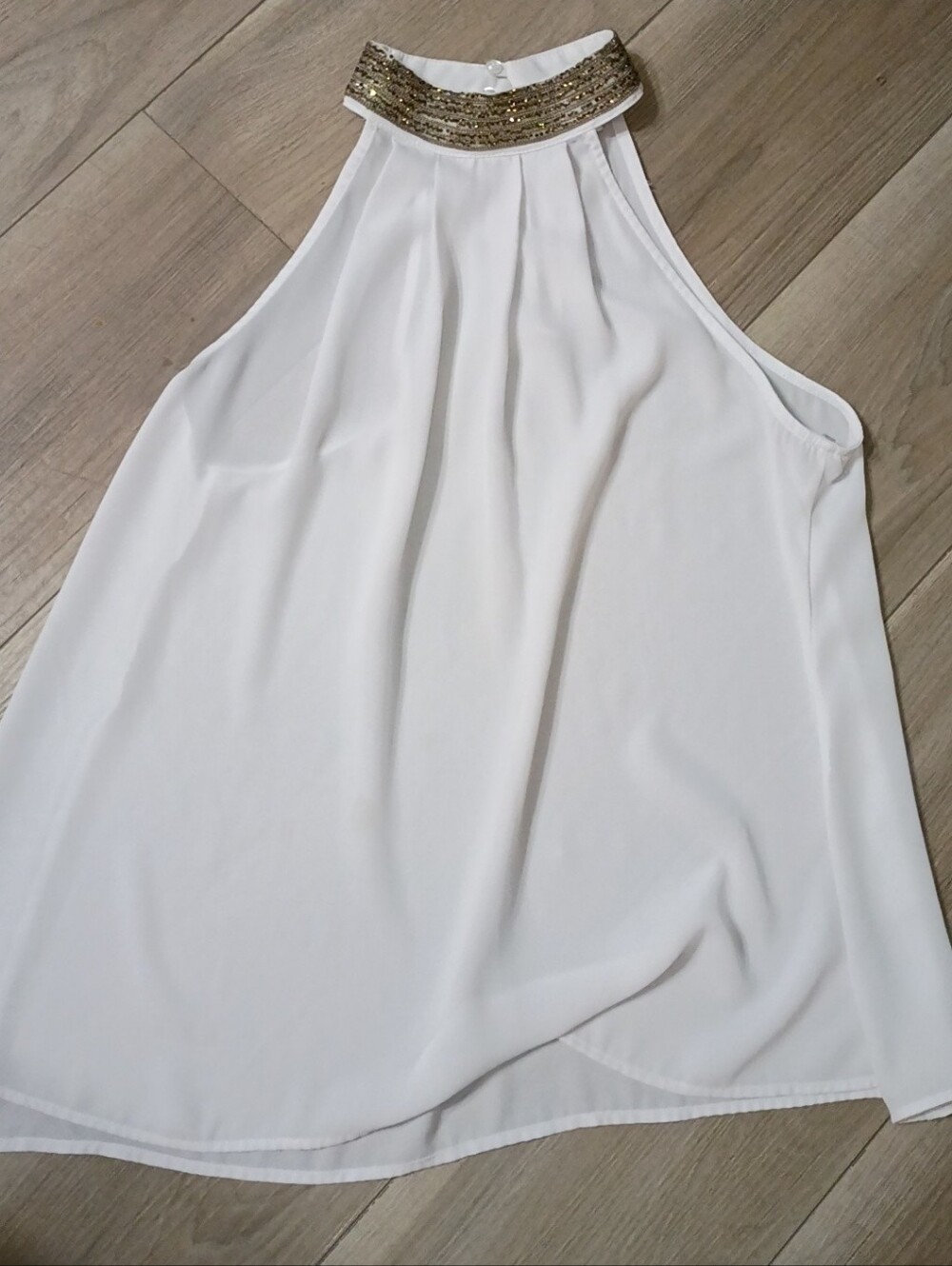 White Halter Tank with Beaded Gold Collar